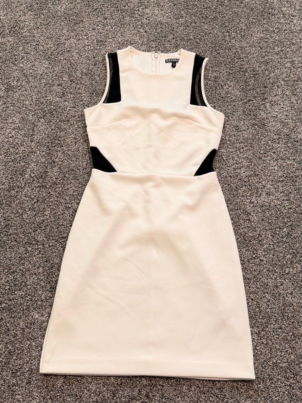Express White Fitted Dress with Black Mesh Sheer Accents
